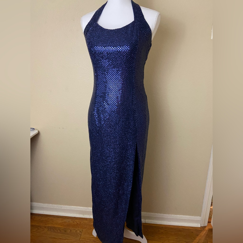 Vtg 90s Jessica Mcclintock Gunne Sax Blue Sequin Halter Dress Formal- Size 5/6